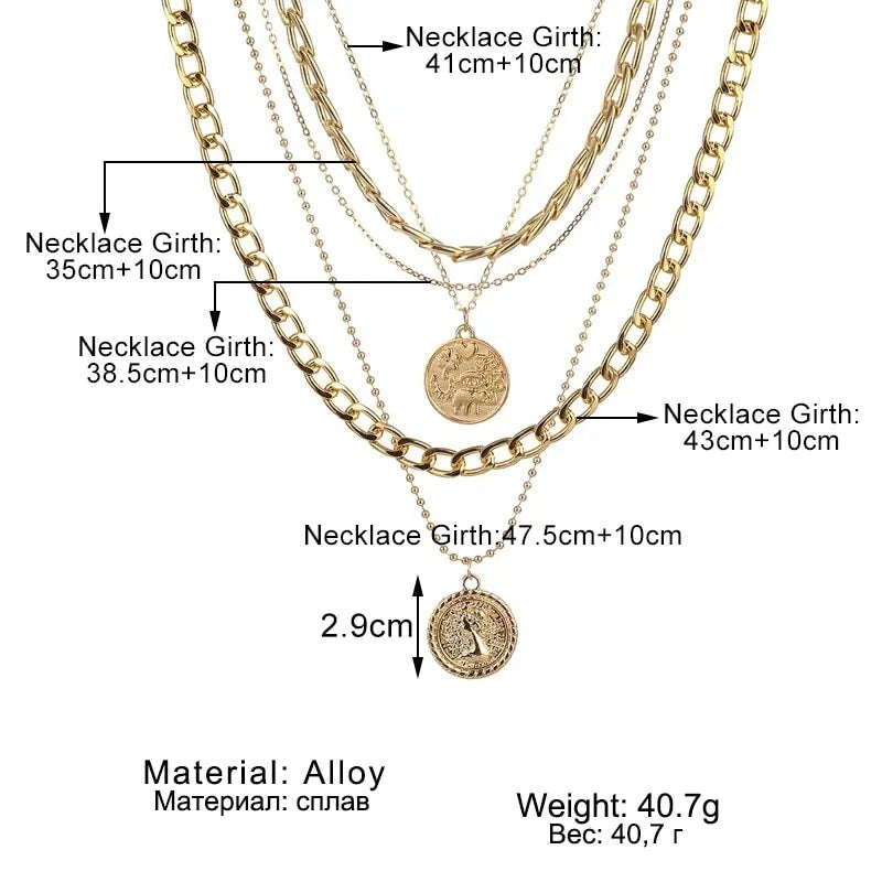 Ladies Gold Plated Thick Link Thin Chain 5Pce Multi Layer Coin Pendant Necklace