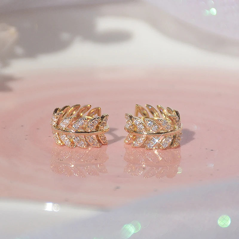 Ladies Gold Plated Crystal Leafy Cut Small Hoop Fashion Earrings