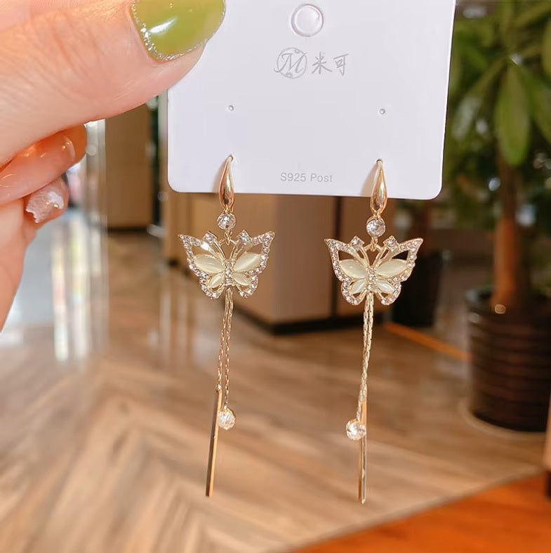 Ladies Elegant Gold Plated Butterfly Micro Pave Cubic Long Tassel Drop Earrings