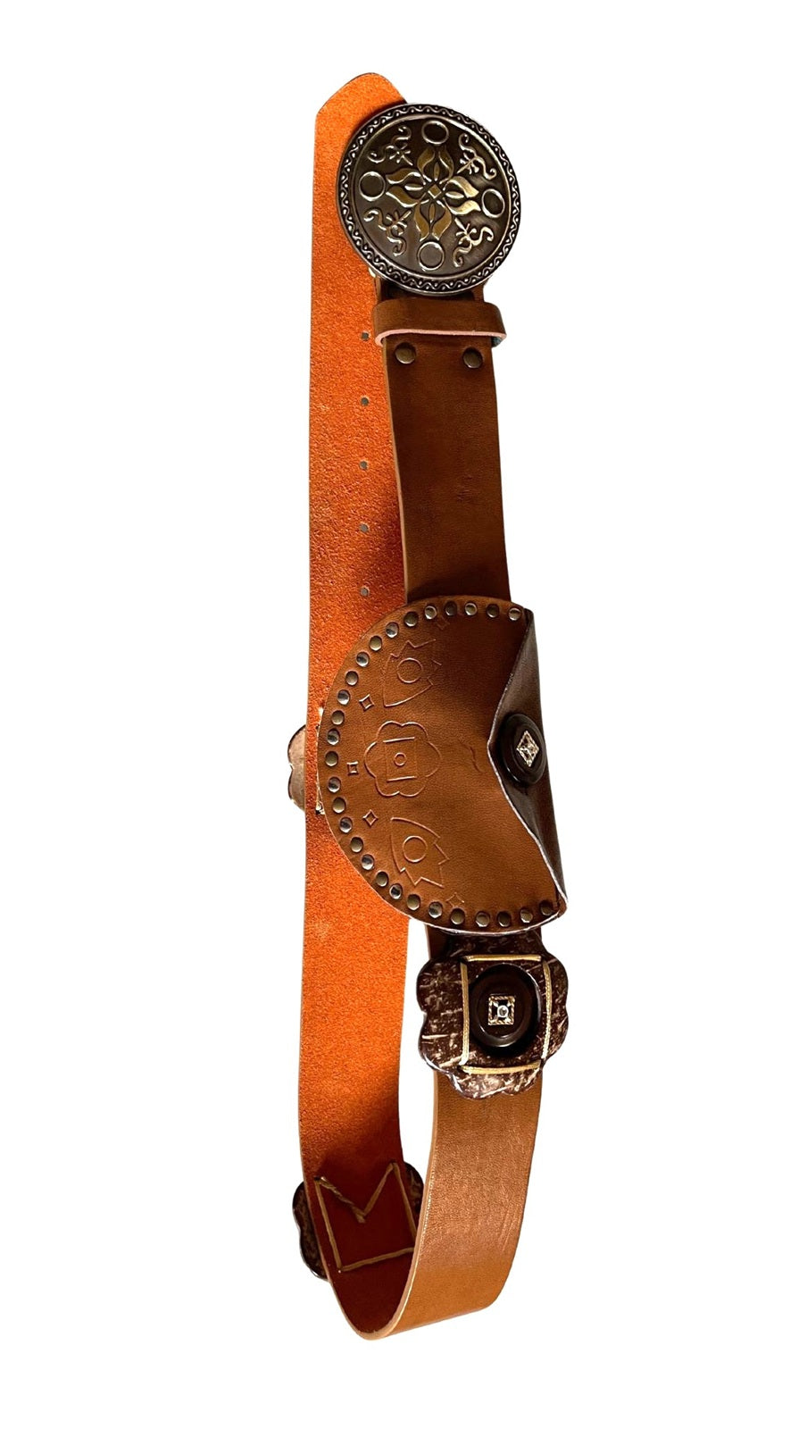 Ladies Brown Faux Leather Round Brass Metal Hook Buckle Plus Money Pouch Belts