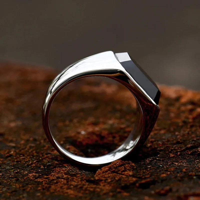 Mens Silver Stainless Steel Square Inlay Black Agate Stone Thick Band Ring