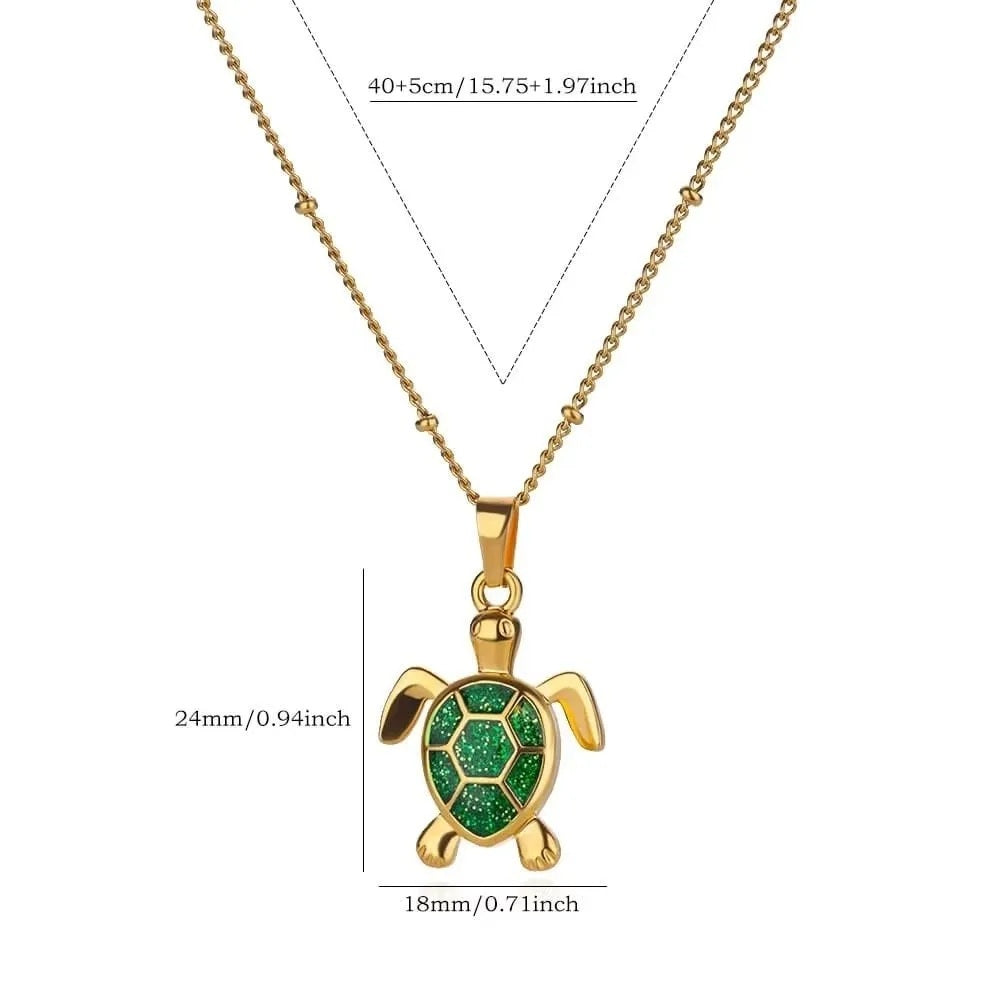 Unisex Gold Plated Opal Stone Cute Stainless Steel Turtle Pendant Chain Necklace