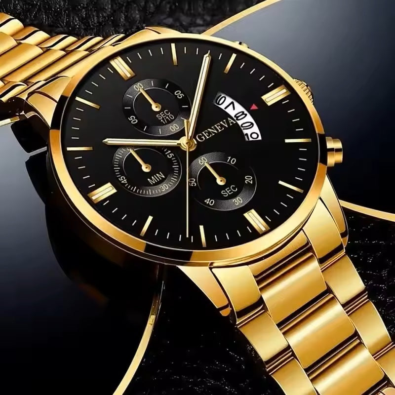 Men Geneva Luxury Black Gold Stainless Steel Calendar Analog Quartz Wrist Watch