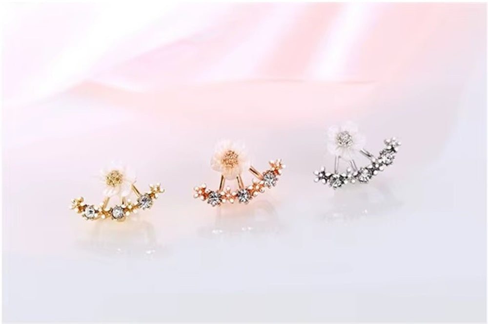 Ladies Double Sided Branch Flower Crystals Stud Earrings
