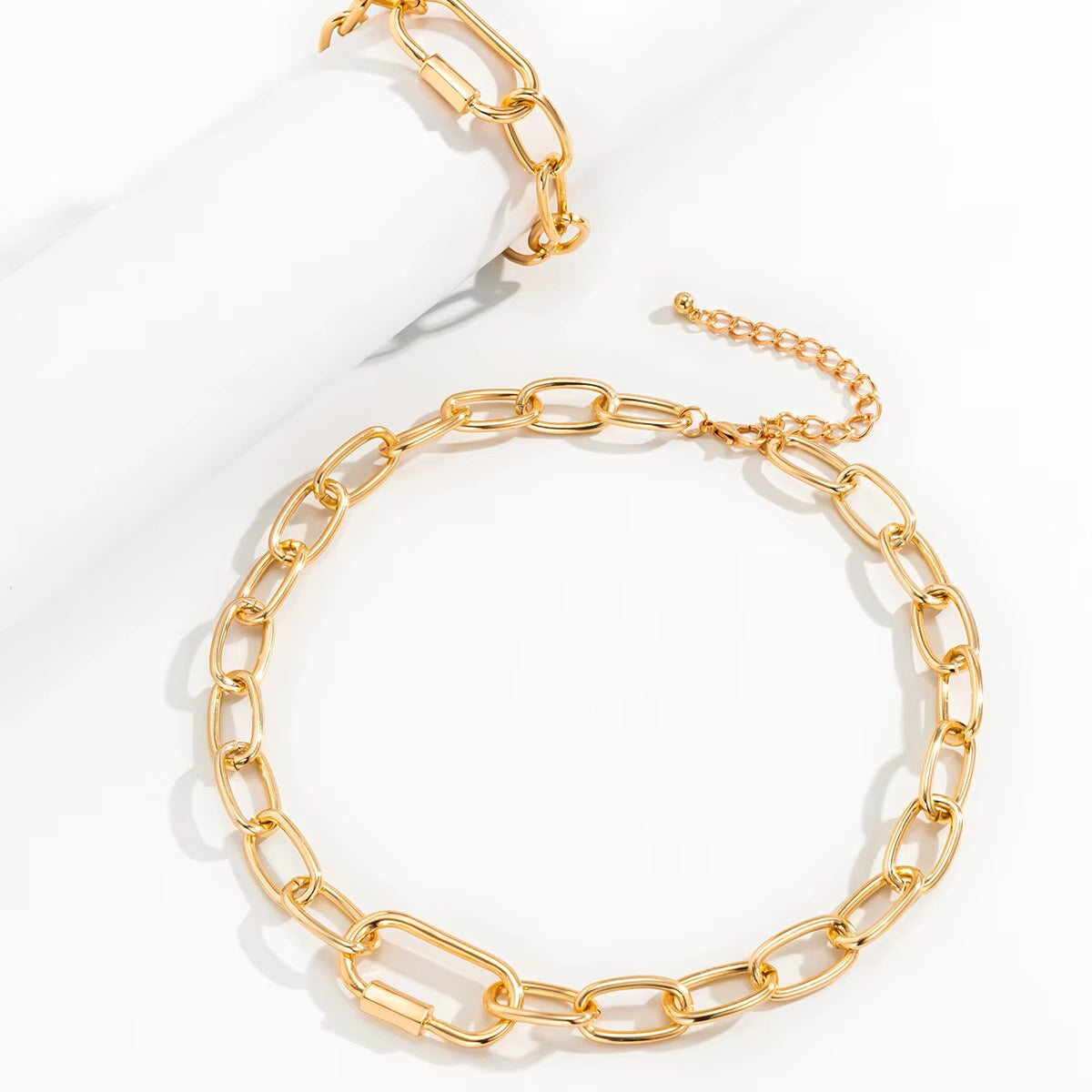 Ladies Gold Plated Rectangle Cuban Link Chain Chunky Necklace & Bracelet Sets