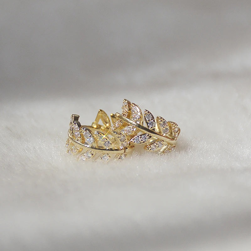 Ladies Gold Plated Crystal Leafy Cut Small Hoop Fashion Earrings