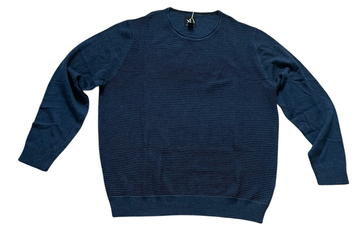 Mens Navy Blue Straight Up Soft Knit Cotton Blend Crew Ribbed Longsleeve Jumper