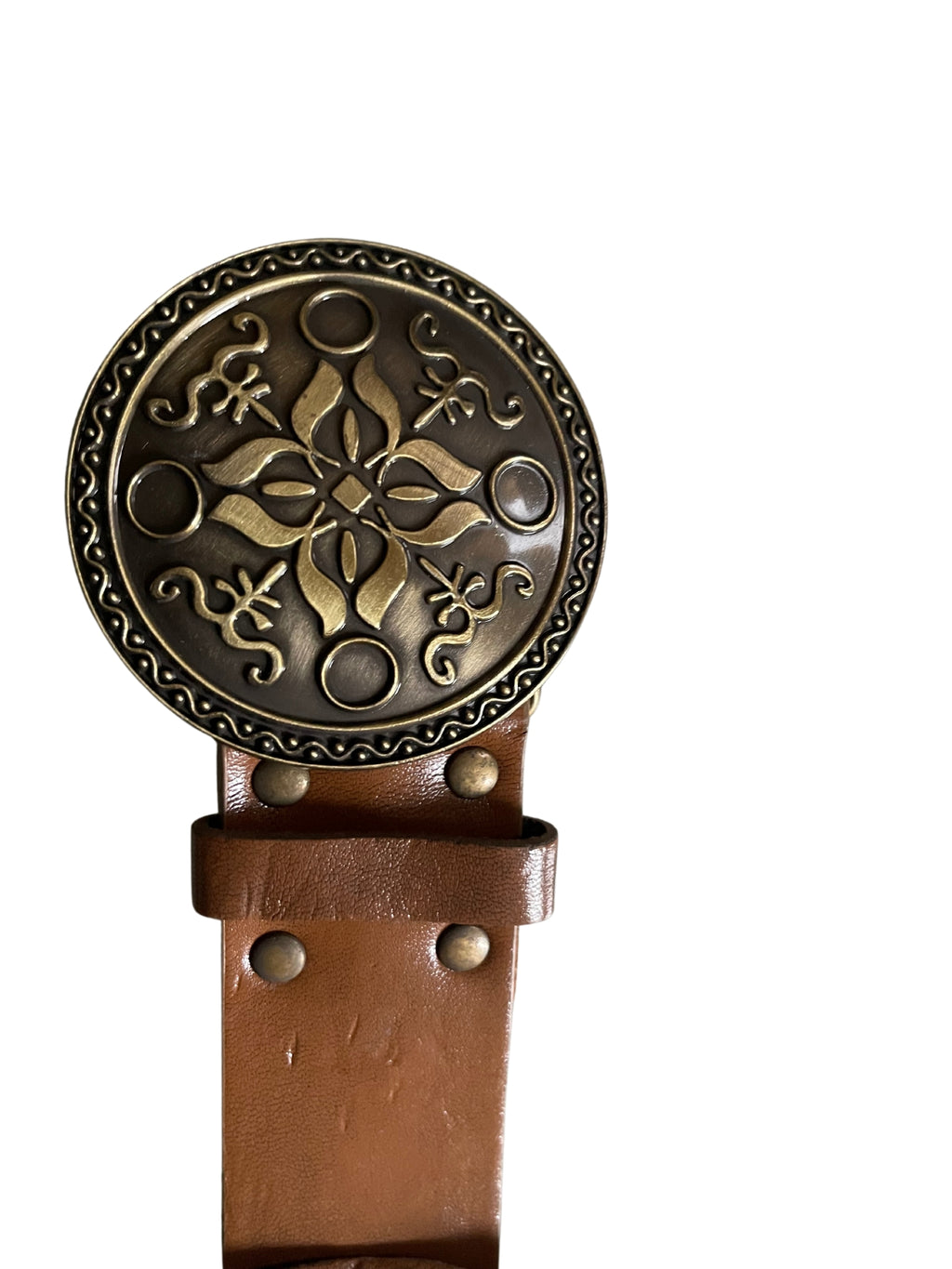 Ladies Brown Faux Leather Round Brass Metal Hook Buckle Plus Money Pouch Belts