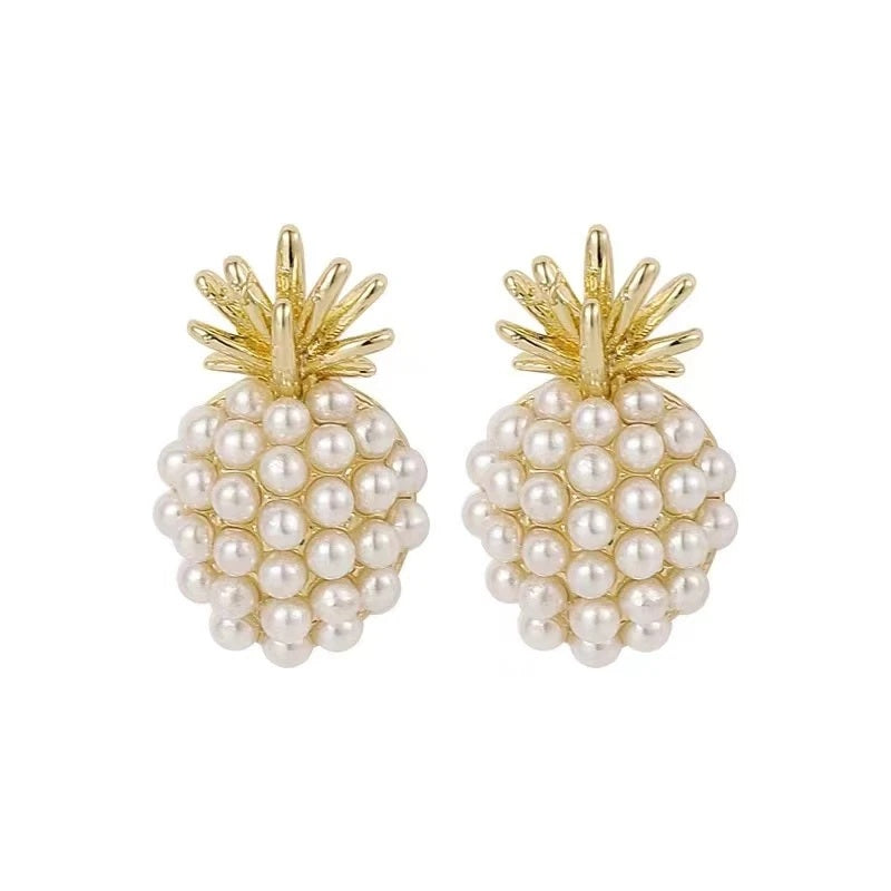 Ladies 18k Gold Plated Simulated Pearls Geometric Pineapple Shape Stud Earring