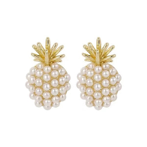 Ladies 18k Gold Plated Simulated Pearls Geometric Pineapple Shape Stud Earring