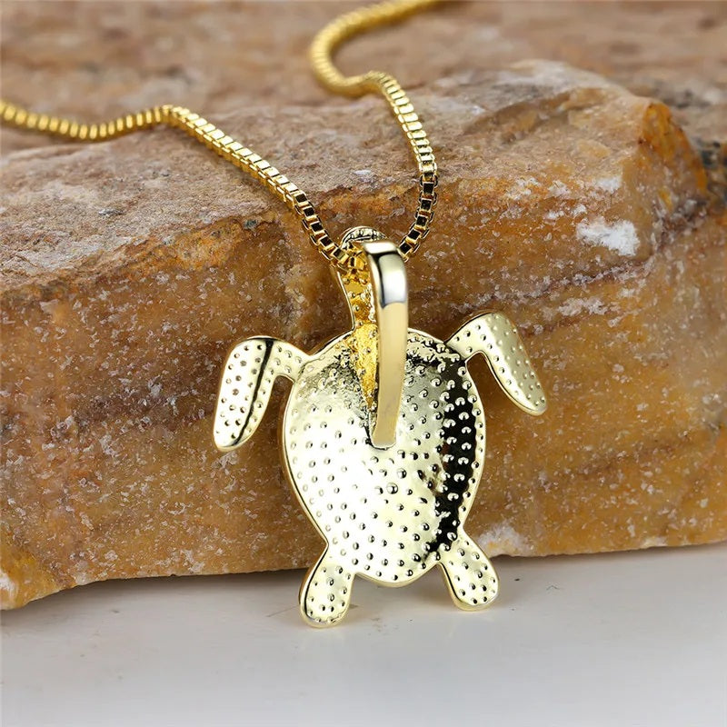 Unisex Gold Plated Opal Stone Cute Stainless Steel Turtle Pendant Chain Necklace