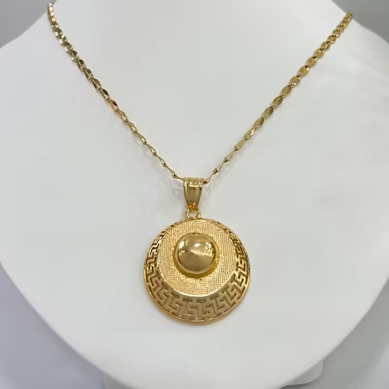 Ladies 18K Gold Plated Round Smooth Cutout Great Wall Earrings Necklace Set