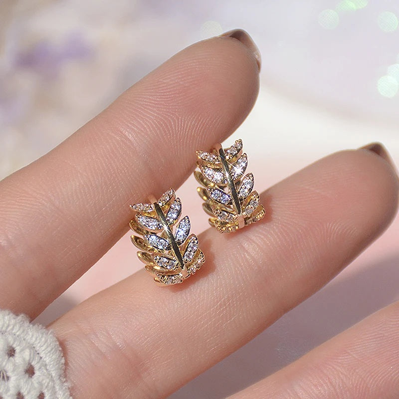 Ladies Gold Plated Crystal Leafy Cut Small Hoop Fashion Earrings