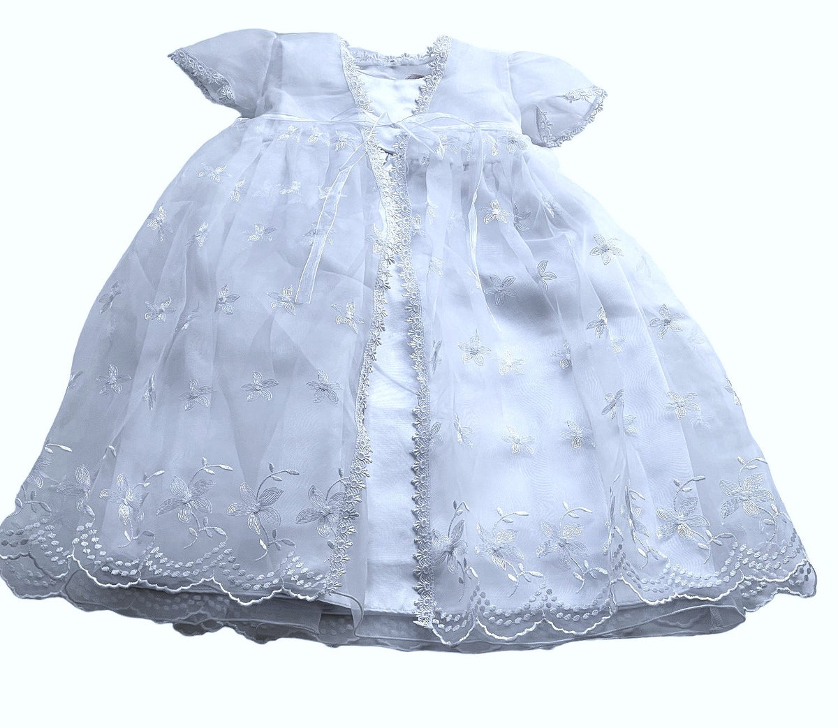 Baby Girls Toddlers Satin Mesh Embroidered Lace Baptism + Hood Christening Gown