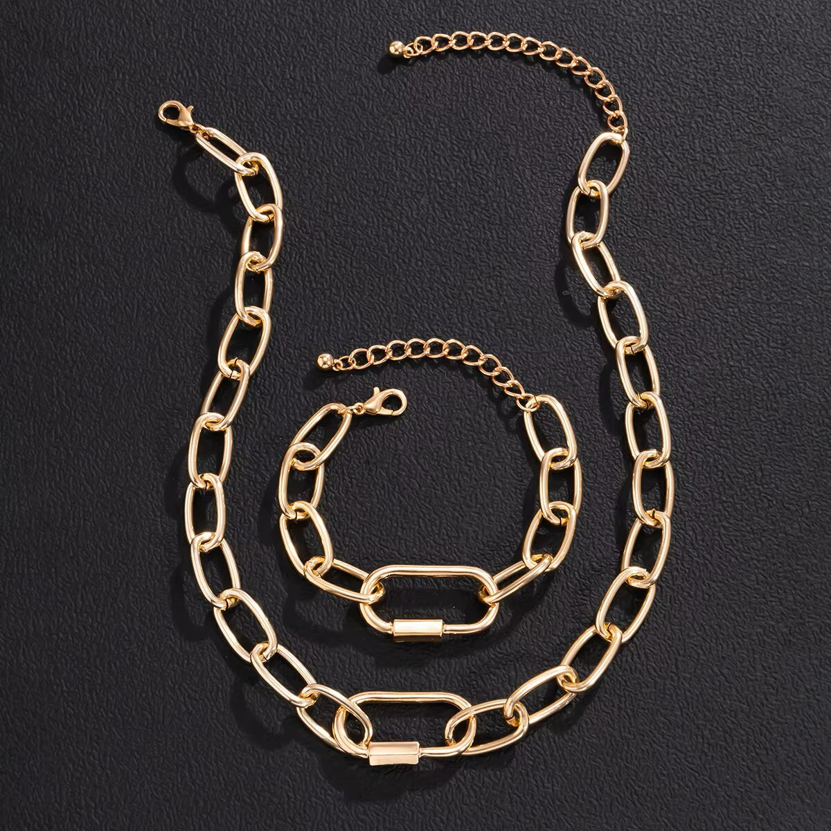 Ladies Gold Plated Rectangle Cuban Link Chain Chunky Necklace & Bracelet Sets