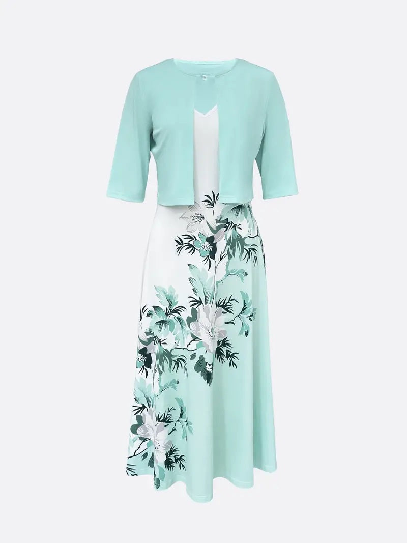 Ladies Torquoise White Flower and Grass Print V- Neck Long 2 Piece Womens Dress