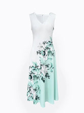 Load image into Gallery viewer, Ladies Torquoise White Flower and Grass Print V- Neck Long 2 Piece Womens Dress
