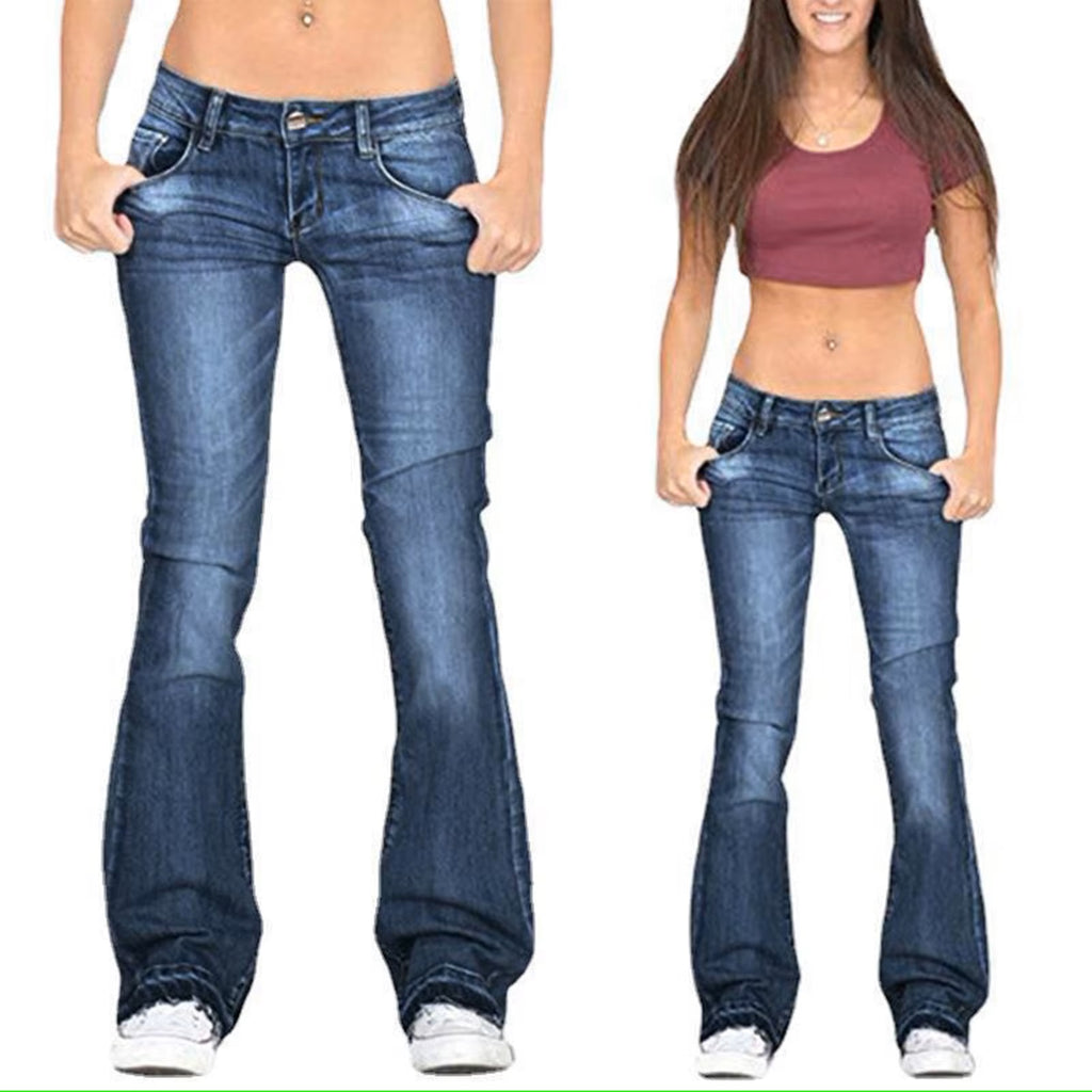 Ladies Low Waist Wash Crinkle Effects Stretchy Cotton Rich Bootcut Womens Jeans
