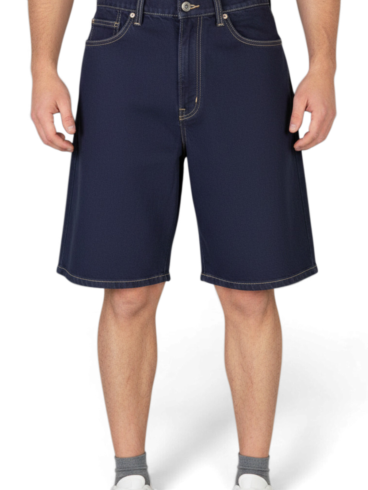Mens Navy Blue Denim Stretch Cotton Contrast Stitching Detail Summer Shorts 34"