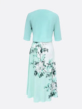 Load image into Gallery viewer, Ladies Torquoise White Flower and Grass Print V- Neck Long 2 Piece Womens Dress
