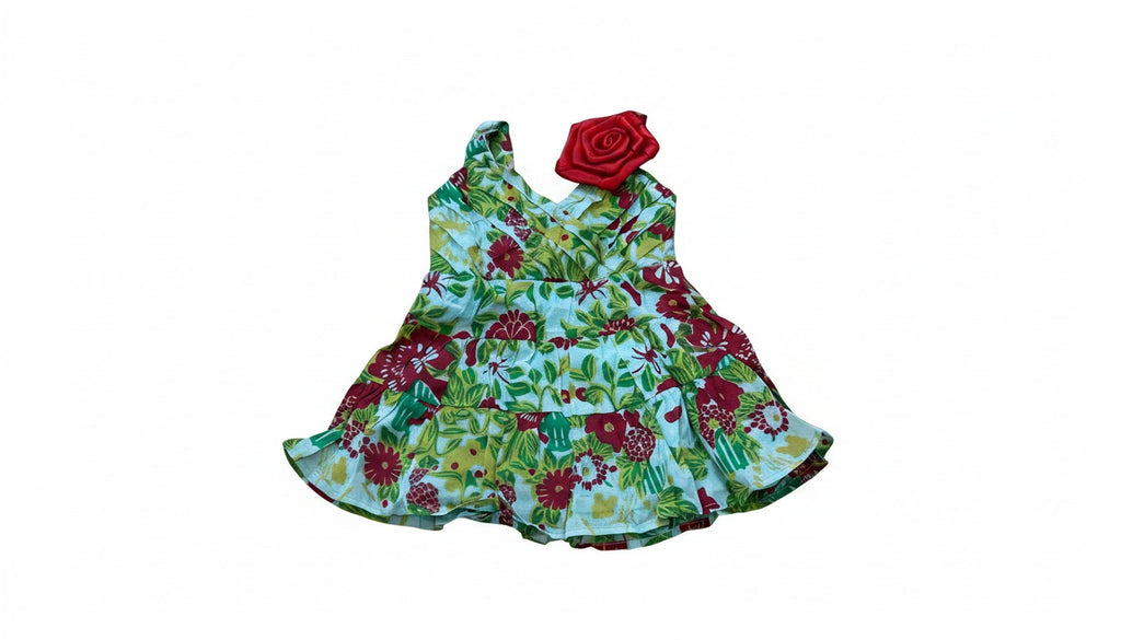 Girls Lime Green Multi Floral Bow Detail Sleeveless Dress. 1-2years