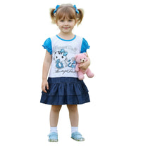 Load image into Gallery viewer, Girls Blue &amp; White Sweet Doll Print Layered Frill Hem Cap Sleeve Plus Belt Dress
