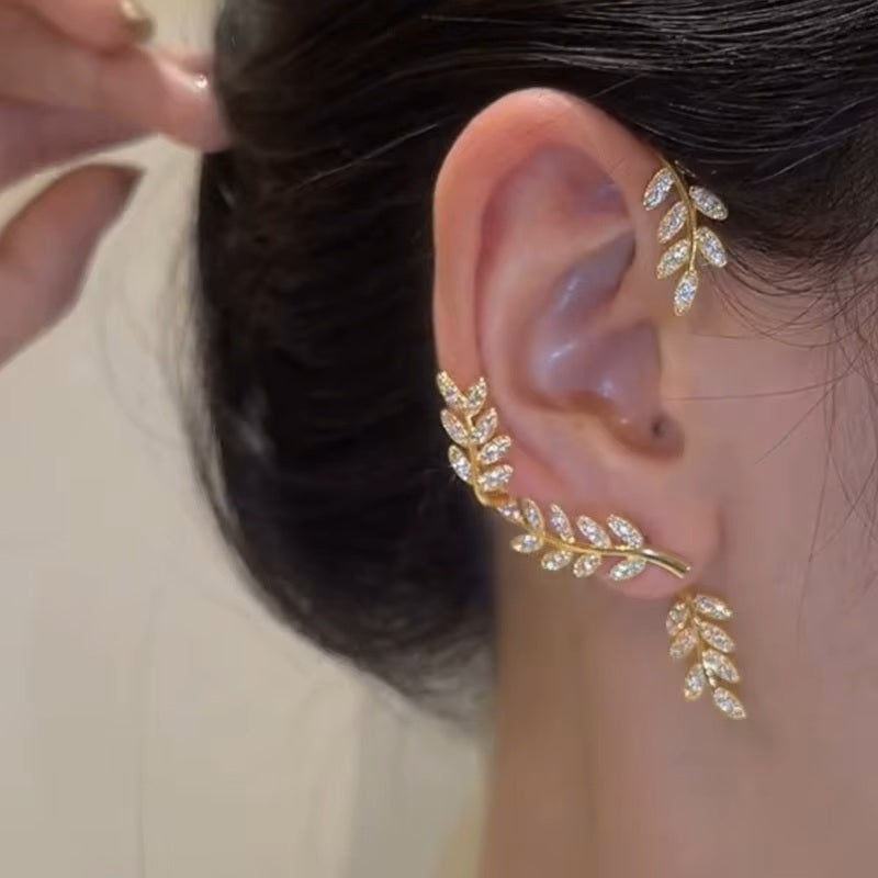 Ladies Sparkling Gold Silver Leaf Cut Cuff Stud Party Earrings