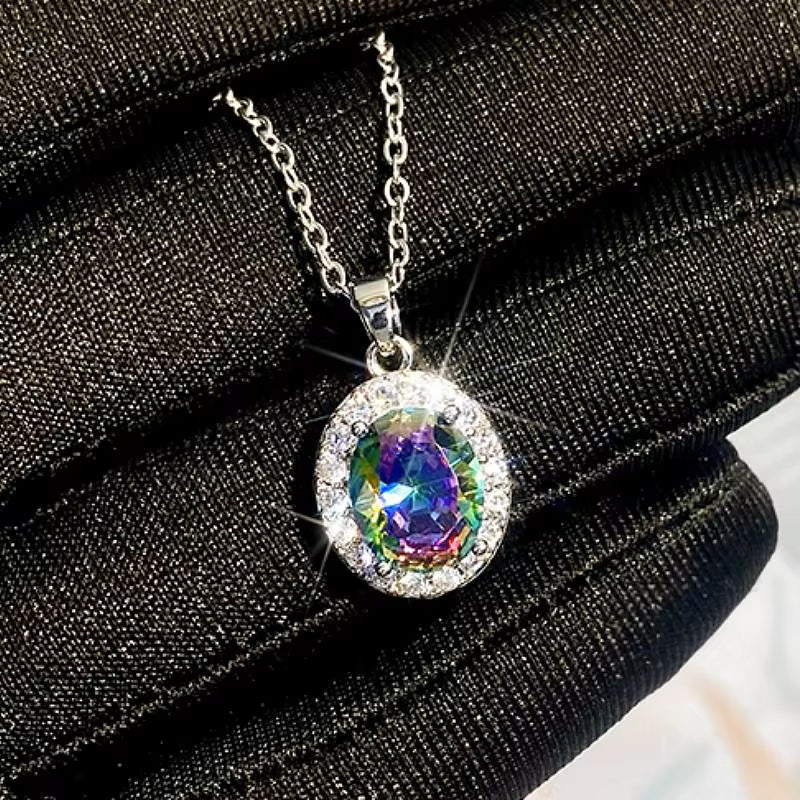 Ladies Silver Rainbow Multi-colored Oval Crystal Pendant Link Chain Necklace
