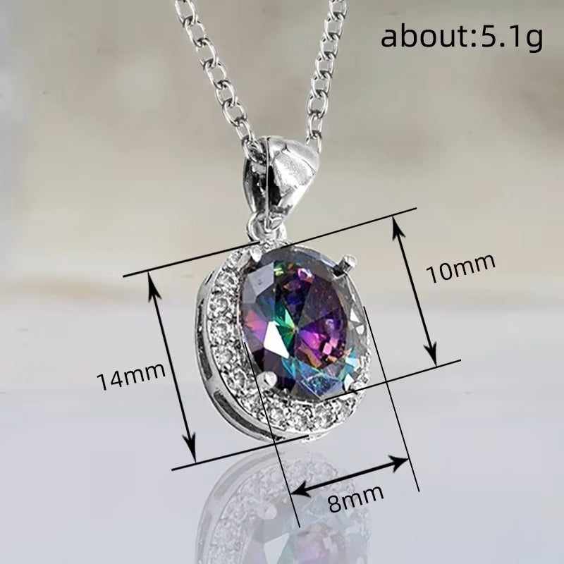 Ladies Silver Rainbow Multi-colored Oval Crystal Pendant Link Chain Necklace