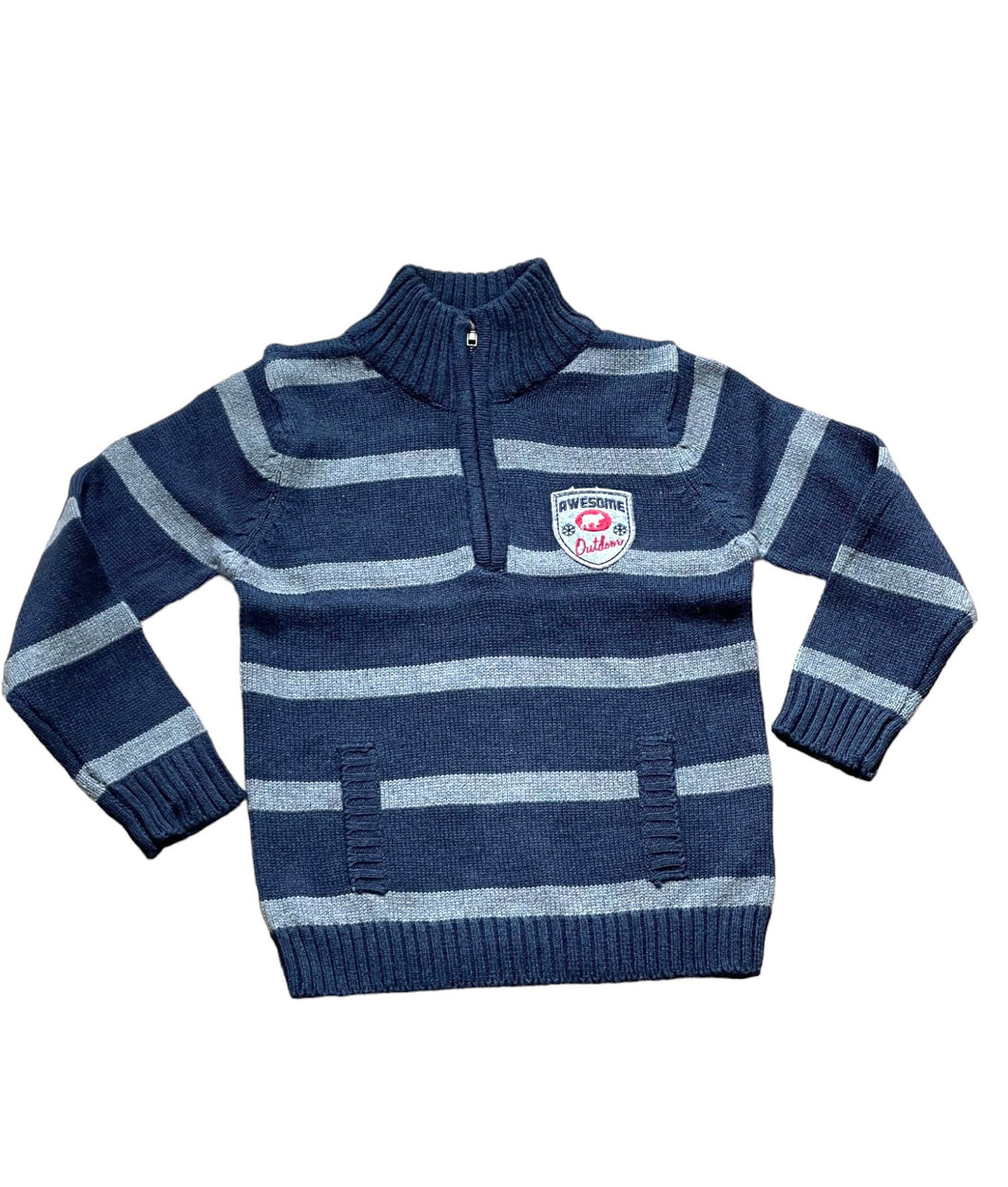 Boys Ribbed High Neck Striped Long Sleeve Half Zip Front Jumpers