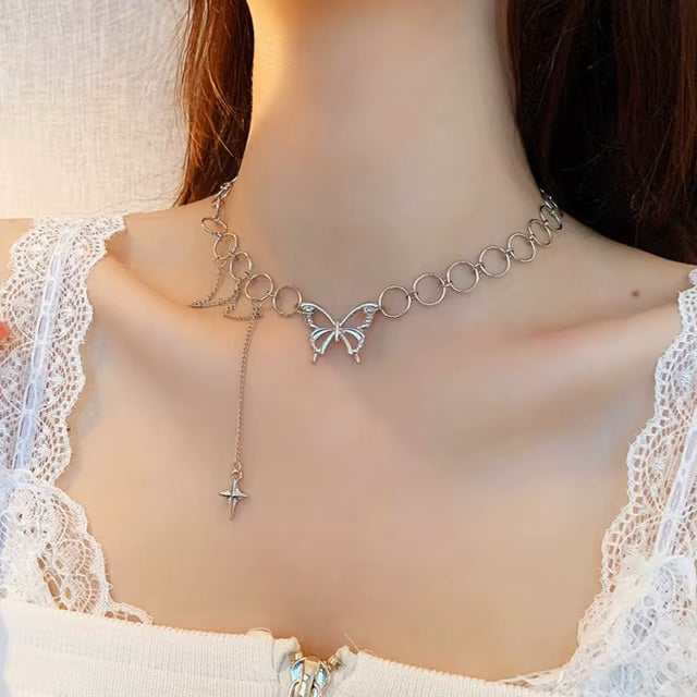 Ladies Silver Butterfly Tassels Clavicle Chain Collarbone Choker Necklace