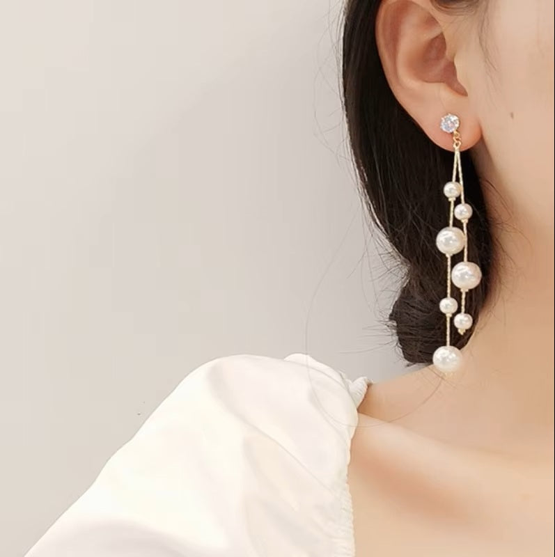 Ladies Gold Plated Simulated Pearl Double Beads Long Dangle Stud Earrings