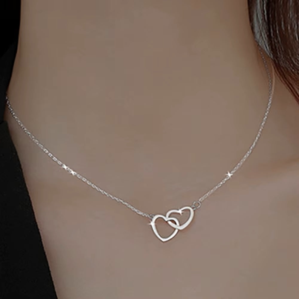 Ladies Silver Chain Cutout Double Heart Choker Stainless Steel Necklace