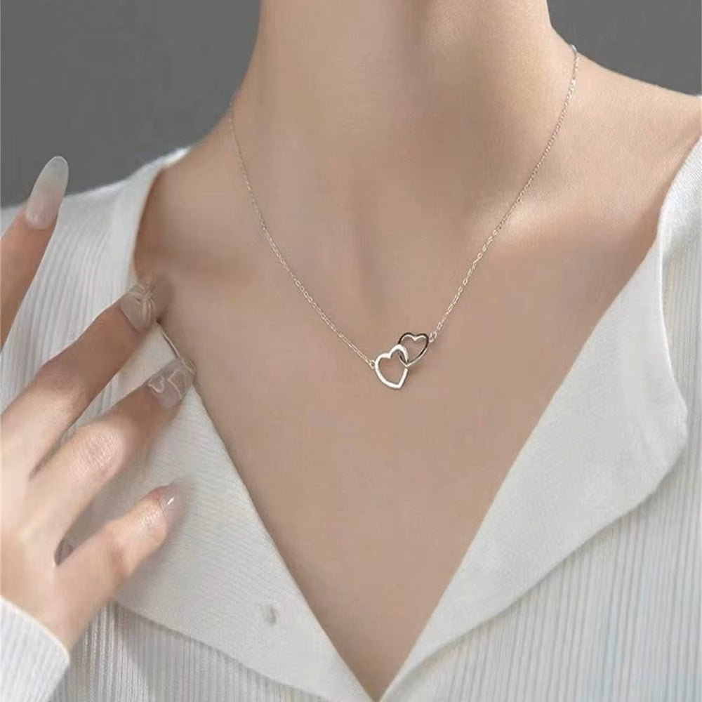 Ladies Silver Chain Cutout Double Heart Choker Stainless Steel Necklace