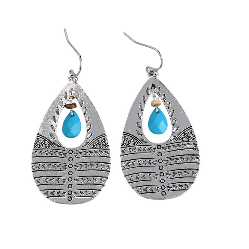 Ladies Silver Vintage Retro Style Turquoise Middle Bead Oval Hook Earrings