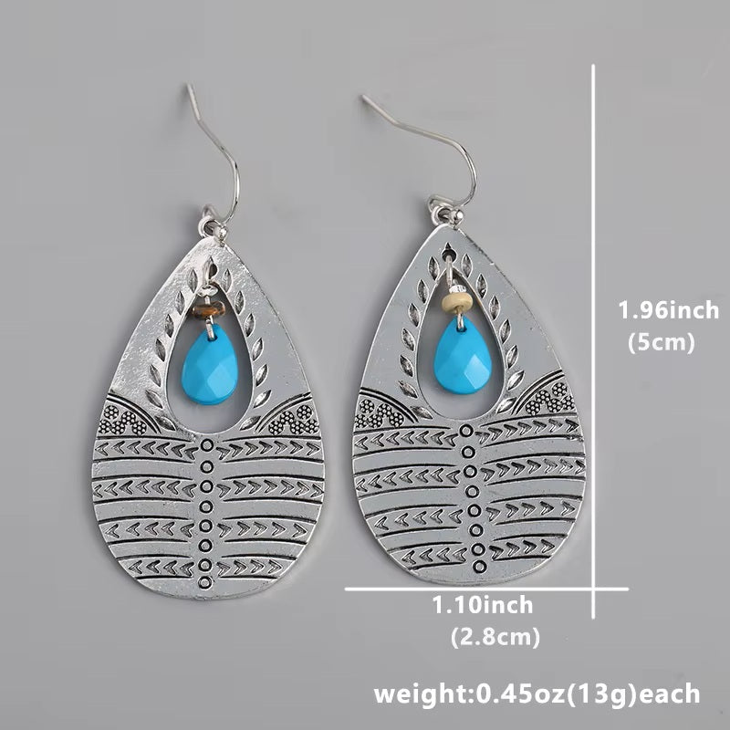 Ladies Silver Vintage Retro Style Turquoise Middle Bead Oval Hook Earrings
