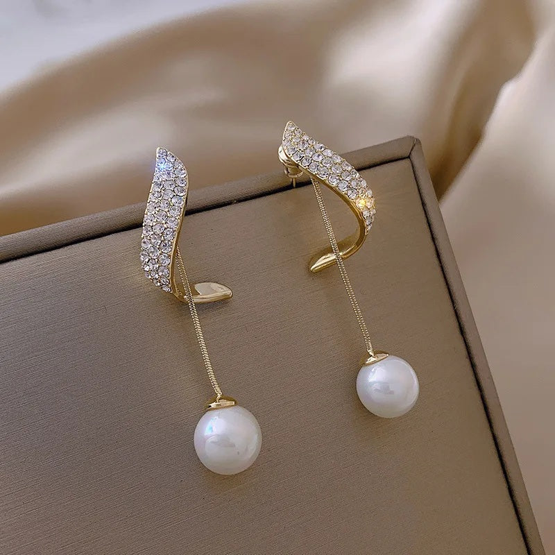 Ladies Gold Plated Simulated Pearls Crystal Long Tassel Drop Dangle Stud Earring