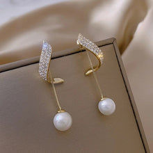 Load image into Gallery viewer, Ladies Gold Plated Simulated Pearls Crystal Long Tassel Drop Dangle Stud Earring

