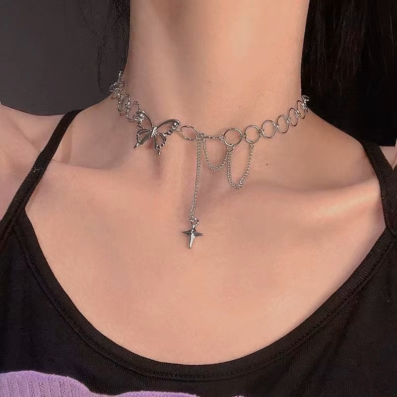 Ladies Silver Butterfly Tassels Clavicle Chain Collarbone Choker Necklace