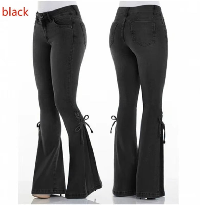 Ladies High Waist Stretchy Flare Hem Side Tie Jeans