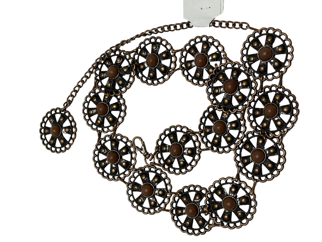 Ladies Vintage Bronze Round Metal Bead Centre Link Adjustable Buckle Waist Belts