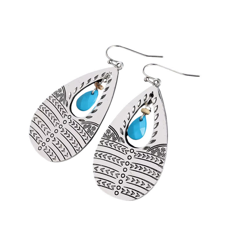 Ladies Silver Vintage Retro Style Turquoise Middle Bead Oval Hook Earrings