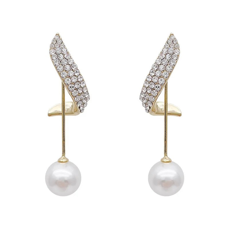 Ladies Gold Plated Simulated Pearls Crystal Long Tassel Drop Dangle Stud Earring