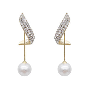 Ladies Gold Plated Simulated Pearls Crystal Long Tassel Drop Dangle Stud Earring
