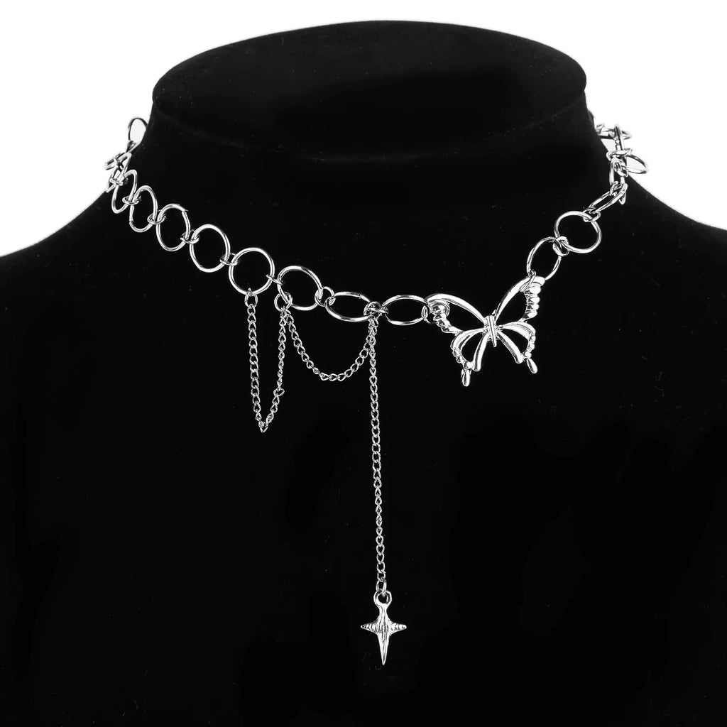 Ladies Silver Butterfly Tassels Clavicle Chain Collarbone Choker Necklace