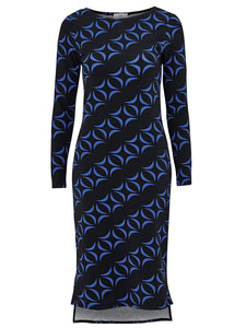 Ladies Ellos Black & Blue Geometric Print Soft Stretchy Midi Dress