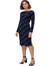 Load image into Gallery viewer, Ladies Ellos Black &amp; Blue Geometric Print Soft Stretchy Midi Dress
