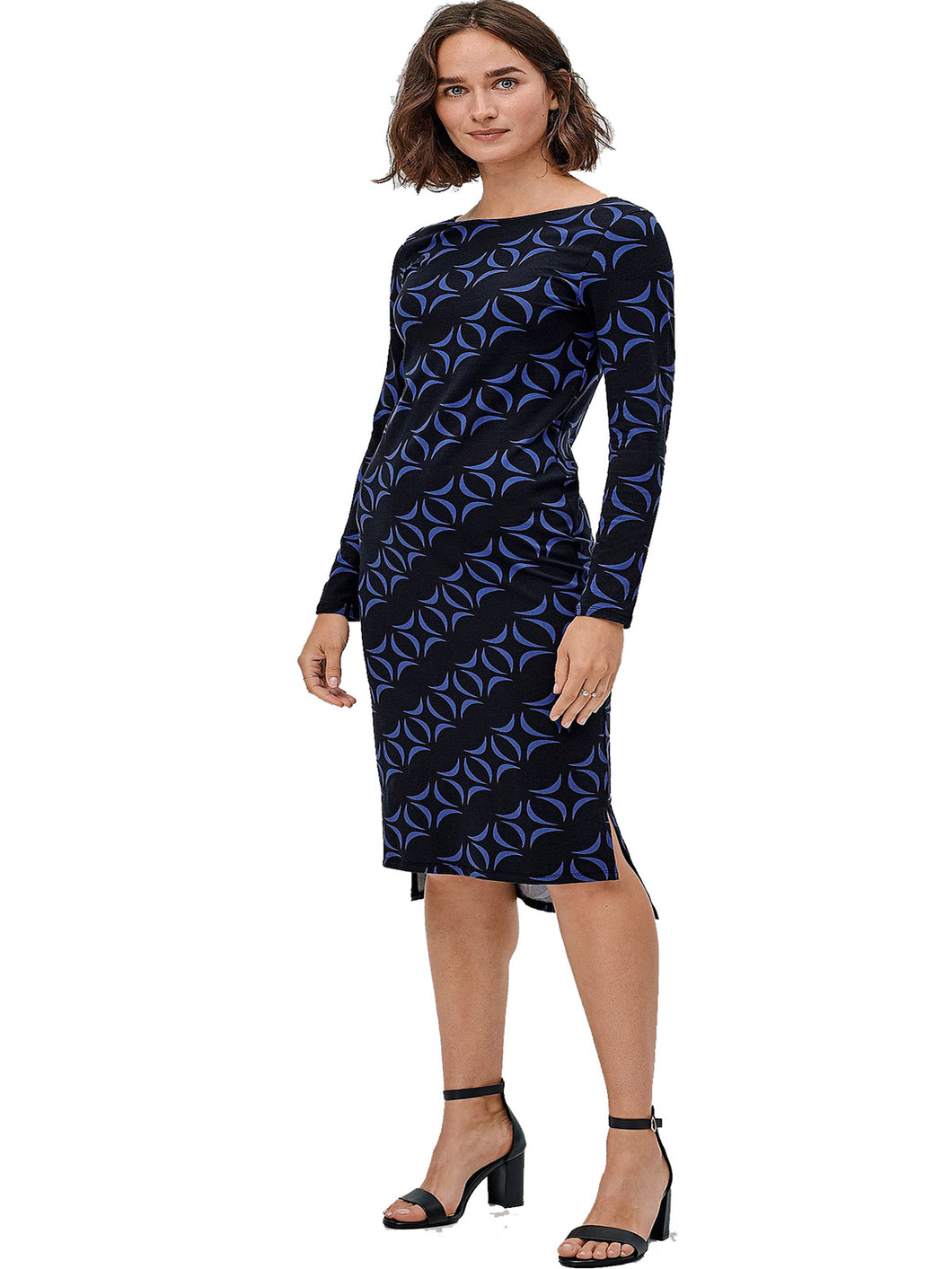 Ladies Ellos Black & Blue Geometric Print Soft Stretchy Midi Dress