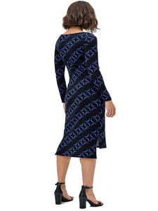 Ladies Ellos Black & Blue Geometric Print Soft Stretchy Midi Dress