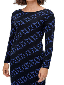 Ladies Ellos Black & Blue Geometric Print Soft Stretchy Midi Dress